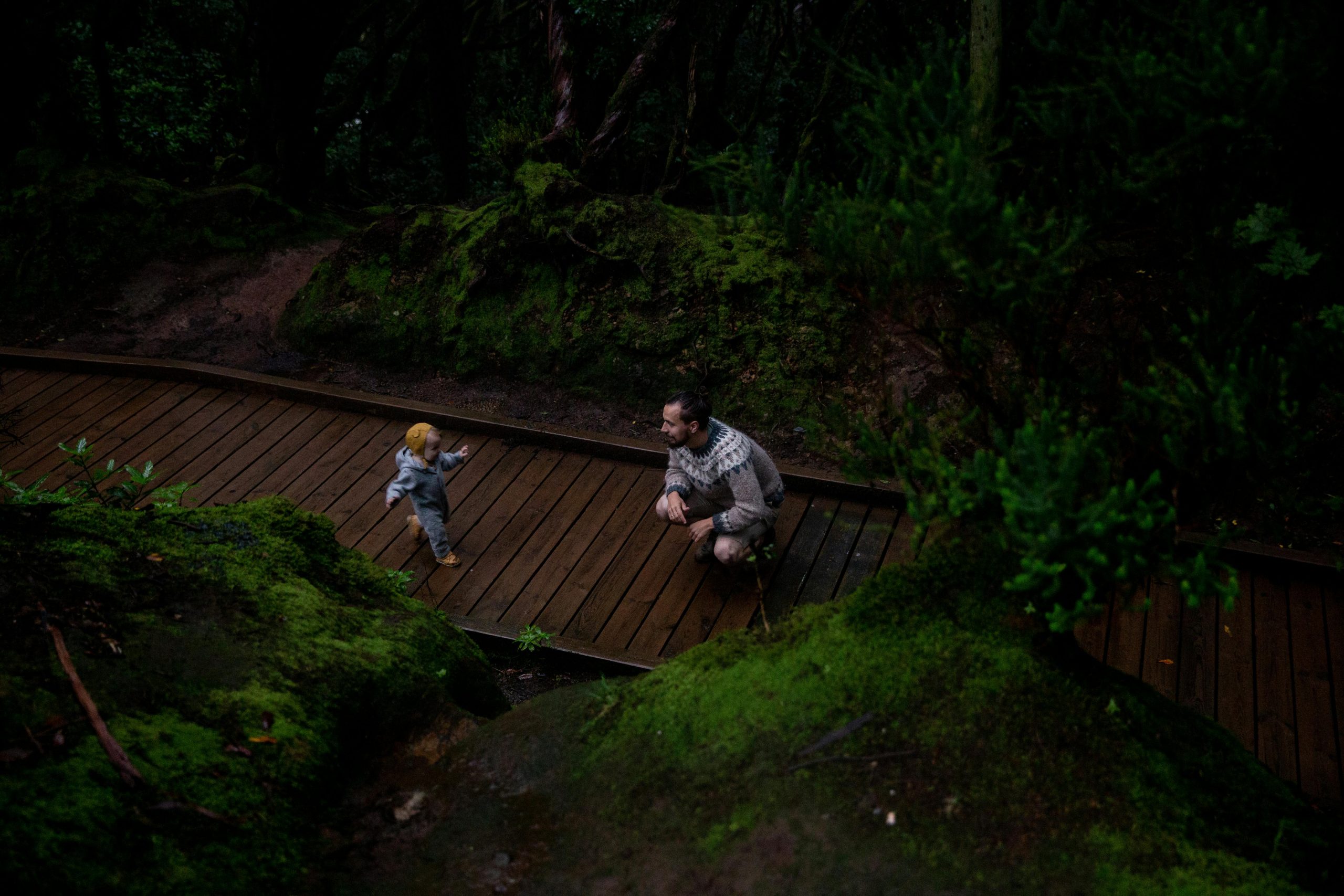 From above of middle age man with happy kid on footpath in dark forest